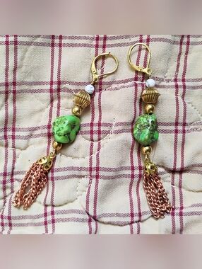 Handmade Green Turquoise And Howlite Tassel Earrings
